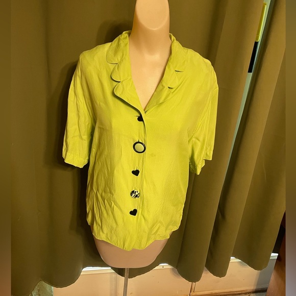 Vintage Whimsical Lime Green Button Up Blouse Med Lime Green and Black Blouse M - Picture 2 of 13